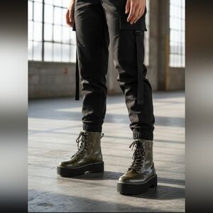 H&M Divided Platform Combat Boots Hunter Green Black Side Zip Womens 6